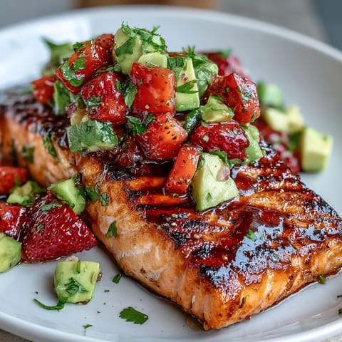 Grilled salmon fillets topped with a colorful strawberry avocado salsa bursting with fresh summer flavors and citrus zest.  