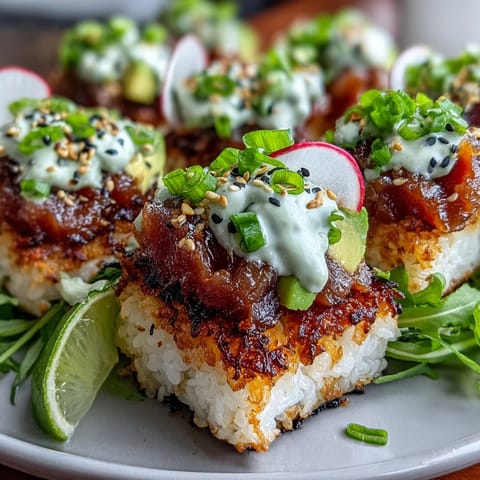 Crispy rice salad with avocado and spicy tuna, topped with sesame seeds and fresh herbs for a vibrant, flavorful dish.