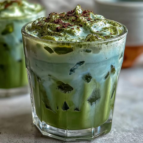 Mother's Day Iced Matcha Latte with Vanilla Cold Foam served in tall glasses, layered with vibrant green matcha and topped with silky vanilla cold foam.