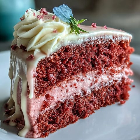 Elegant pink velvet cake infused with rosé wine, topped with silky cream cheese frosting and a shimmering edible gold drip.  