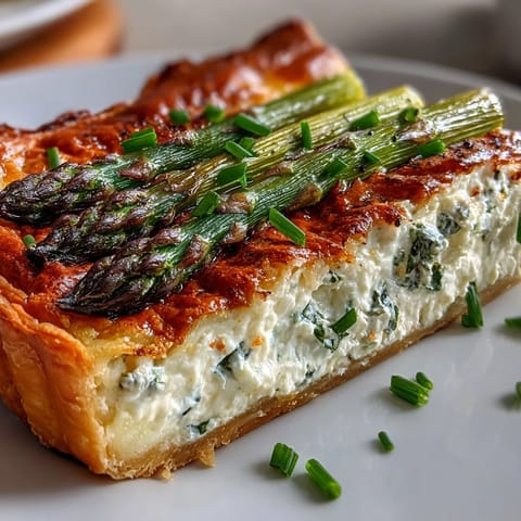 Vibrant asparagus ricotta tart with crisp puff pastry, creamy lemon-infused ricotta, and fresh spring asparagus.
