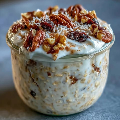 Wholesome carrot cake overnight oats layered with warm spices, crunchy walnuts, and sweet maple syrup in a jar.