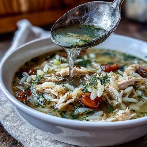 A comforting bowl of Greek Lemon Chicken Soup with tender chicken, orzo, and a silky lemon broth.  