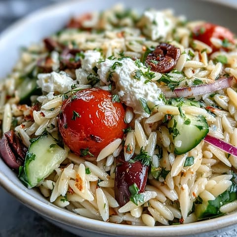 Vibrant Summer Orzo Salad with Feta, bright lemon, fresh garden veggies.