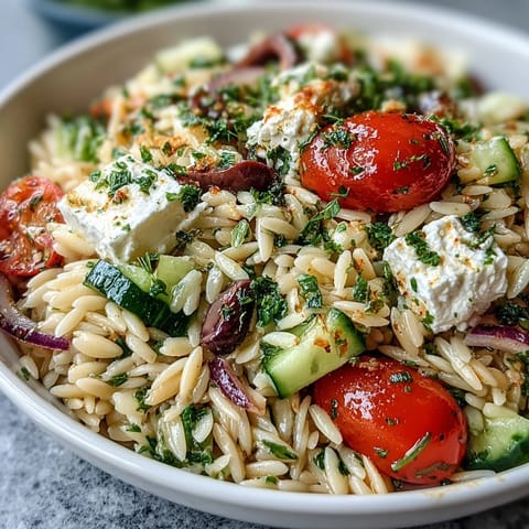 Hearty Summer Orzo Salad, creamy feta, Mediterranean flavors, perfect for lunch.