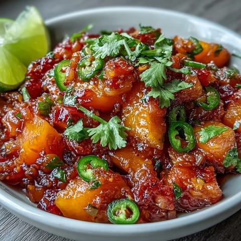 Sweet and spicy Fricy Peach Jalapeño Salsa glistening, perfect side dish.