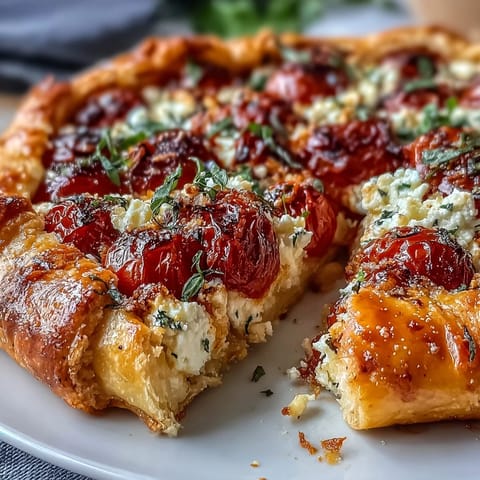 Golden roasted cherry tomato and feta galette with flaky crust.