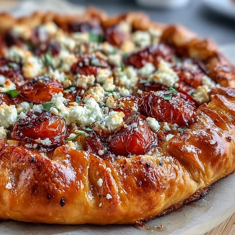 Rustic feta galette bursting with sweet tomatoes, perfect appetizer baked golden brown.