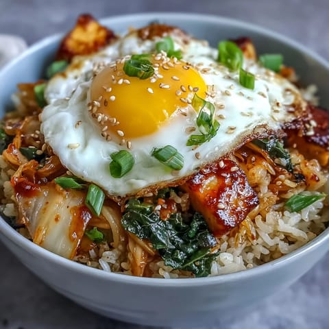 A vibrant bowl of kimchi fried rice, brimming with fragrant Korean flavors and tender tofu.