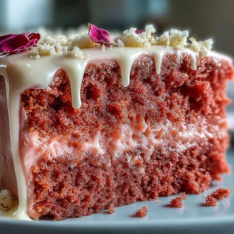 Generous slice of pink rosé velvet cake, elegantly drizzled with gold.