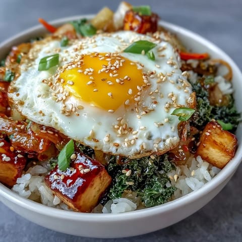 Spicy kimchi fried rice bowl, topped with a sunny-side-up egg and fresh green onions.