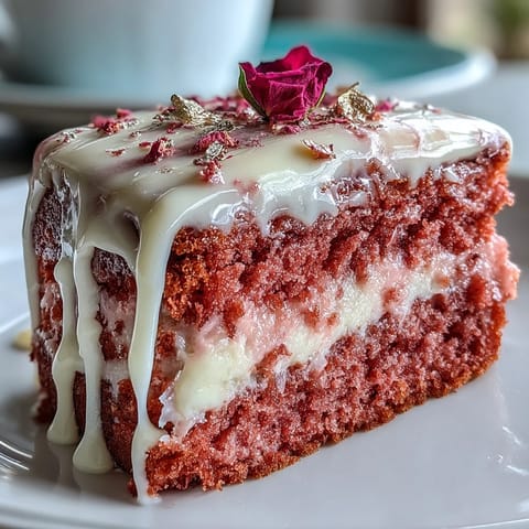 Elegant Bridal Shower Rosé Velvet Cake with delicate gold drip.