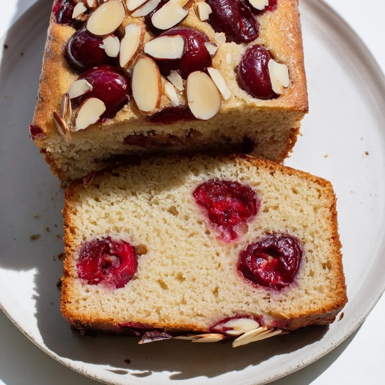 Moist slices of Cherry Almond Loaf Cake, perfect with a dollop of whipped cream on a plate.