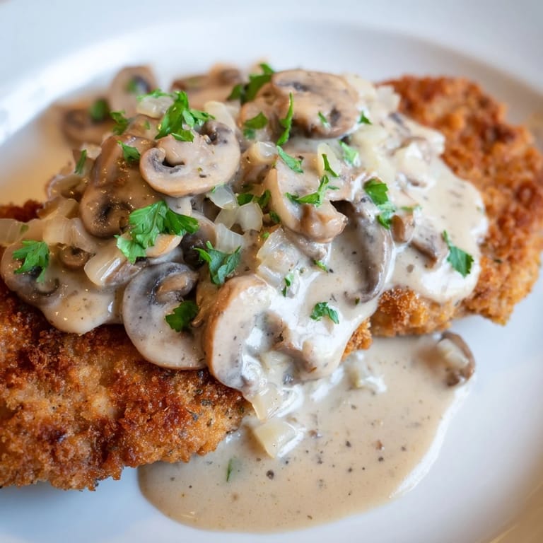 Crispy, pan-fried Jaeger Schnitzel sits beneath a rich mushroom gravy, perfect for a cozy supper.