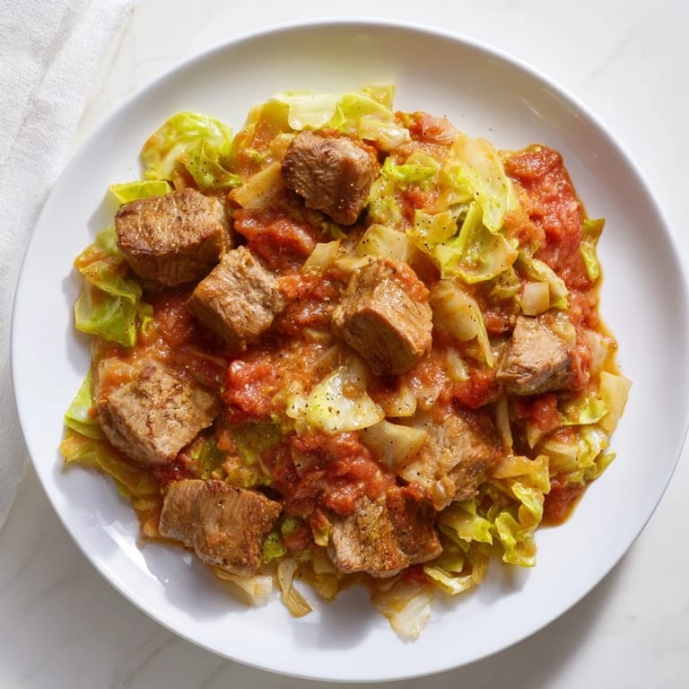 A steaming bowl of comforting Sweet Cabbage and Pork Stew, perfect for a cozy weeknight dinner.