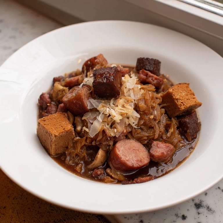 Hearty Babcias Secret Bigos, a rich, slow-cooked stew with tender meat and savory vegetables.