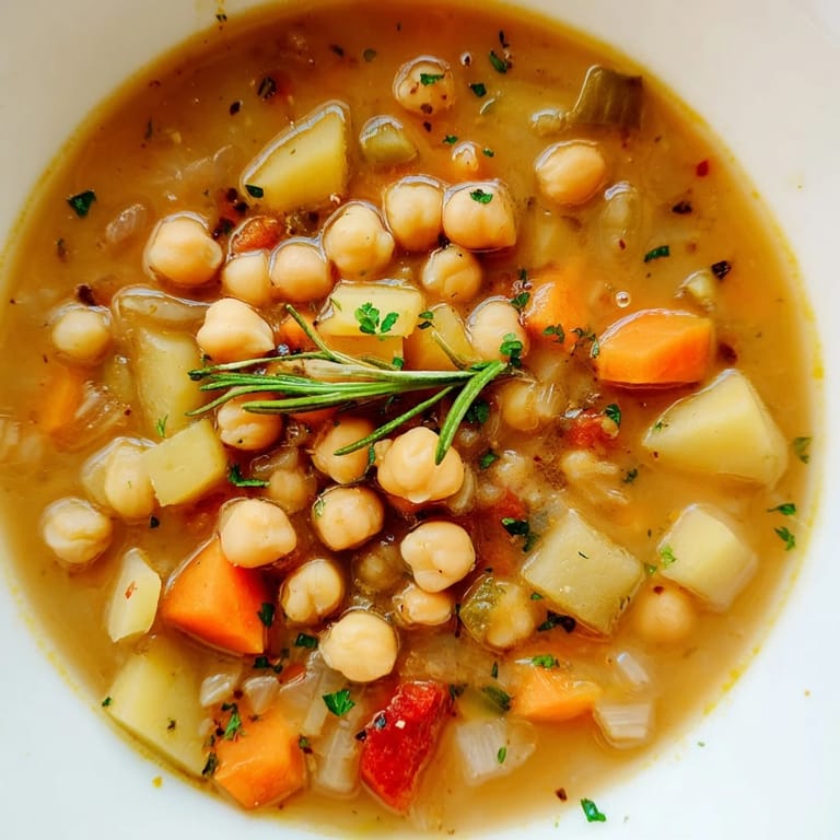 Aromatic Quick-Soak Chickpea and Rosemary Soup reveals soft chickpeas and vibrant vegetable pieces; a comforting meal.