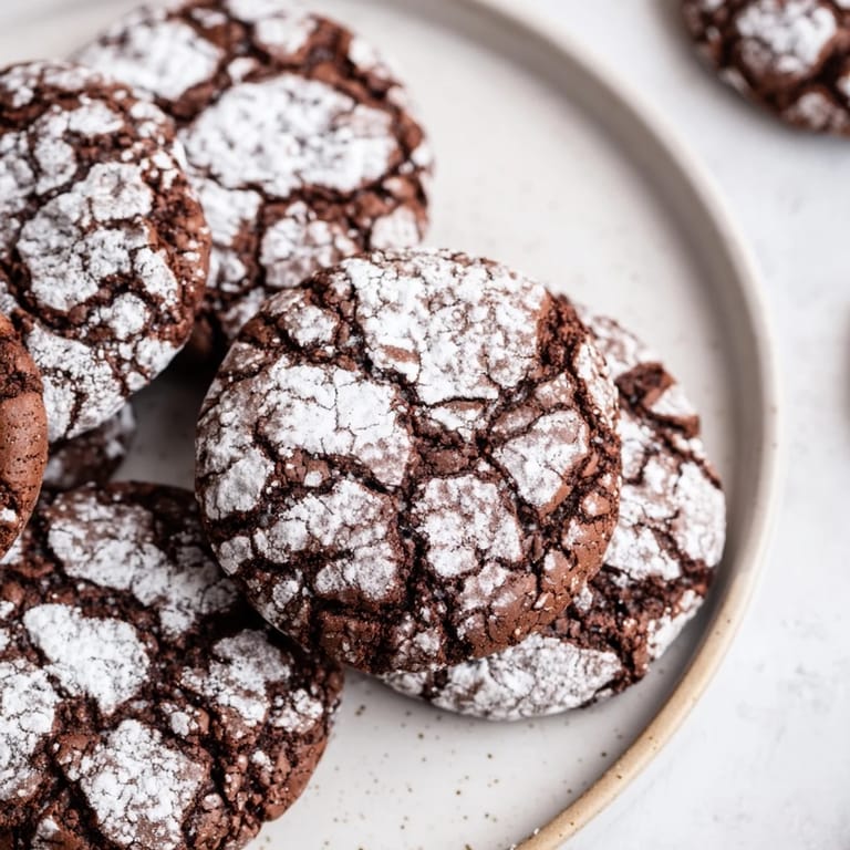 Close-up of freshly baked chocolate crinkle cookies with a perfectly cracked, sugary top.