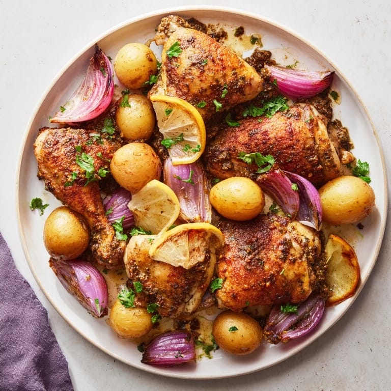 One-pan Pan-Roasted Zaatar Chicken and Potatoes: aromatic spices coat the chicken and vegetables for dinner.