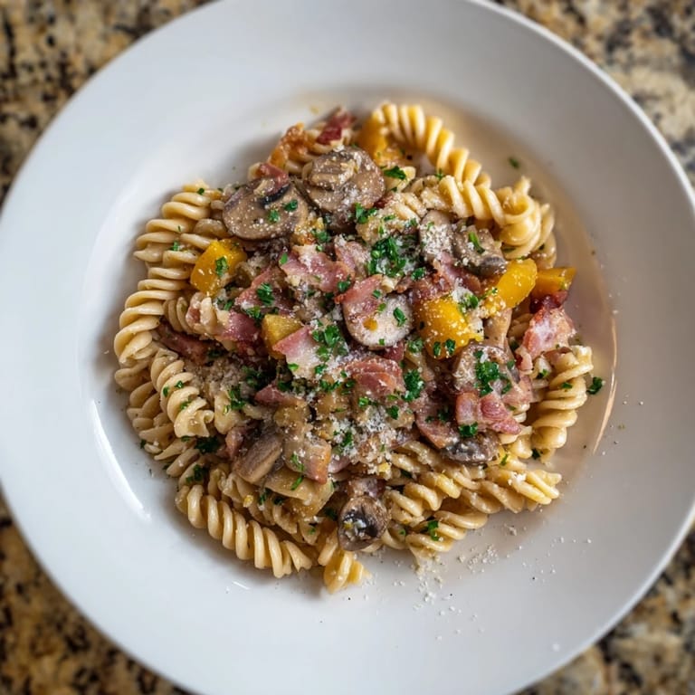 Close-up of fusilli with bacon, onions, and mushrooms, showing perfectly cooked pasta, creamy cheese, and crispy bacon.