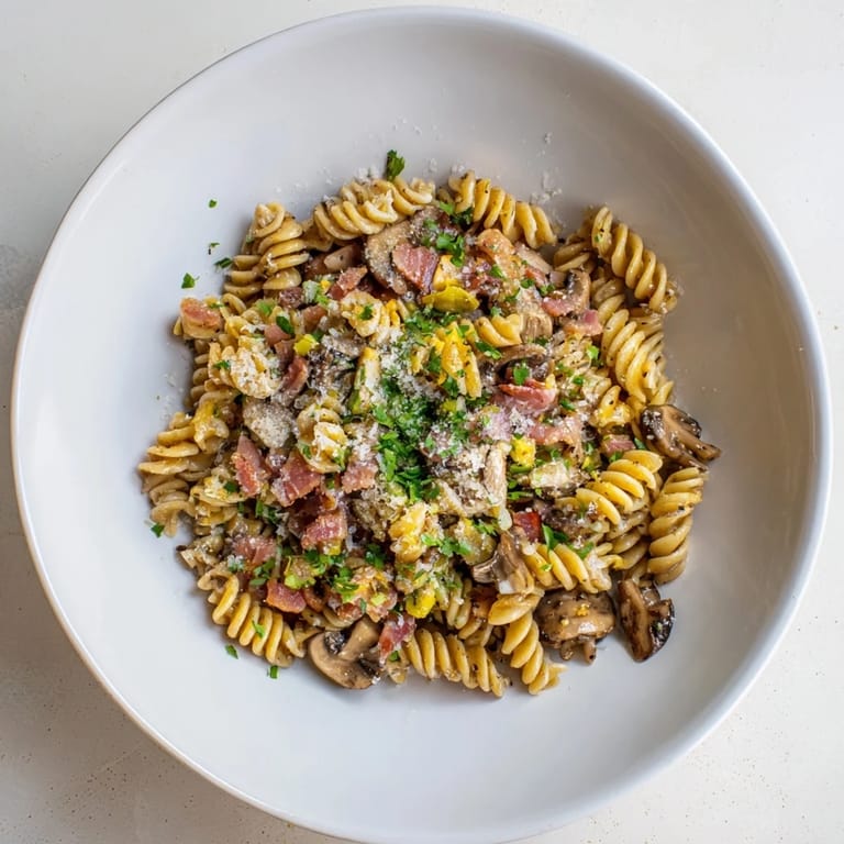 Fusilli with bacon, onions, and mushrooms, plated and ready to eat: a savory weeknight meal.
