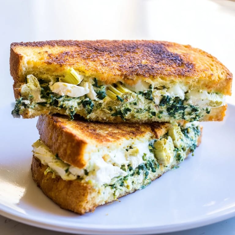 This Air Fryer Spinach & Artichoke Dip Grilled Cheese shows a crispy, cheese-filled sandwich, ready to enjoy alongside tomato soup.