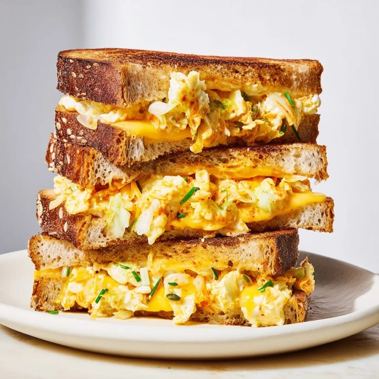 Crispy sourdough hugging gooey, melty cheese and kimchi in a delicious Skillet Kimchi & Cheddar Fusion Grilled Cheese.