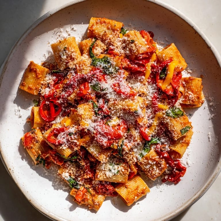 Creamy Lightened-Up Vodka Rosé Pasta, featuring red peppers and spinach, perfect for a cozy, delicious vegetarian dinner.
