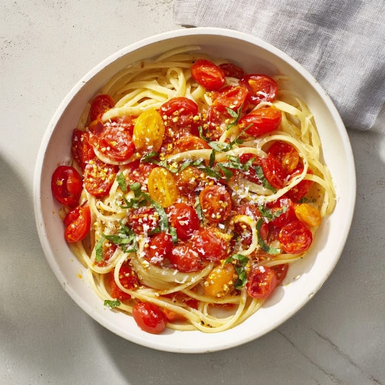 A steaming bowl of Cozy Fireplace One-Pan Tomato Basil Pasta, offering warmth and inviting aromas.