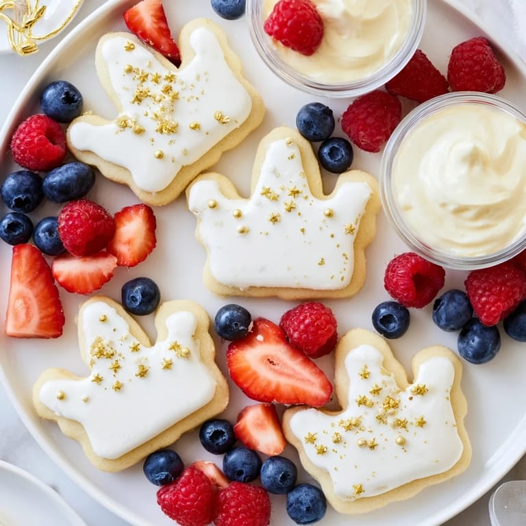 A close-up of a Princess Crown Dessert Tray: crown cookies sparkling with edible gold and creamy mousse.
