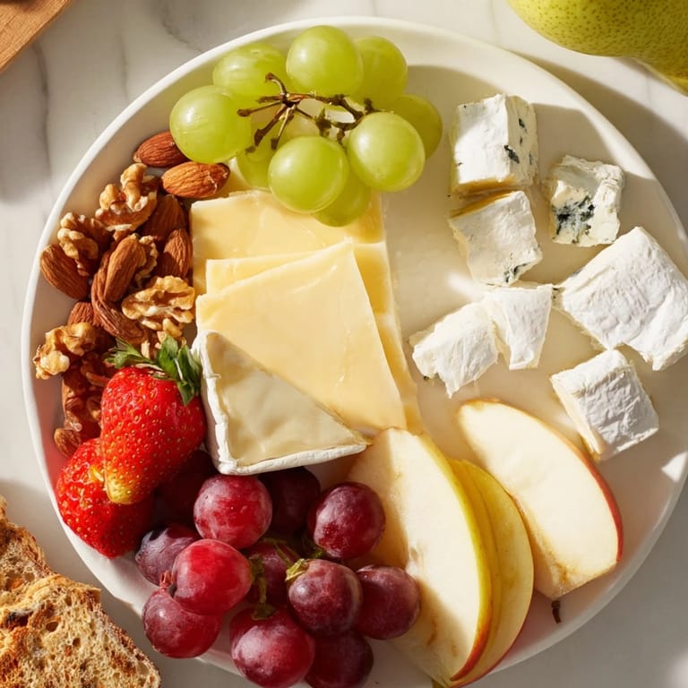 A delicious Enchanted Forest Grazing Board brimming with textures: creamy cheese, crisp fruit, and crunchy nuts.
