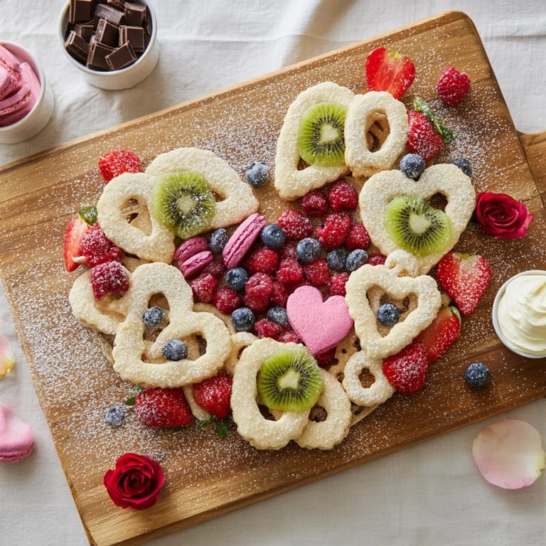 The visually stunning Love Letter Dessert Board piled high with chocolates, cookies, and colorful fruit for a treat.