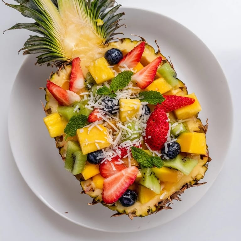 Sweet and tangy Tropical Bliss Pineapple Fruit Boat, a refreshing dairy-free dessert, served beautifully on a platter.