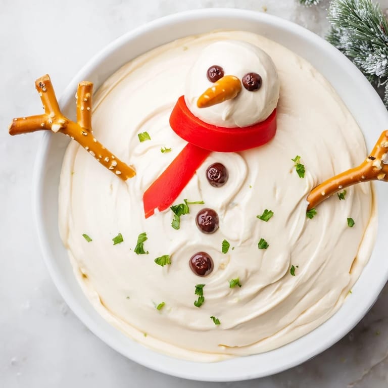A delicious close-up of Melted Snowman Dip shows a fun and playful appetizer for your next party.