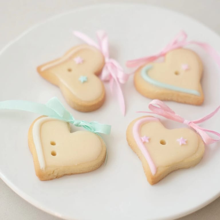 Close-up of frosted Mignonneries Coeurs et Étoiles Rubans, adorable cookies ready to share or give as gifts.