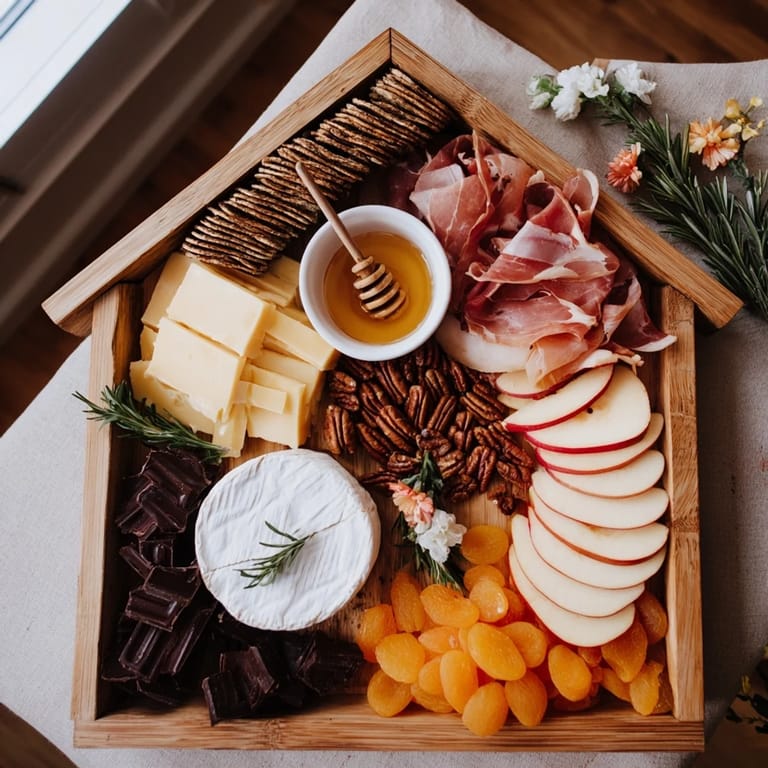 This beautifully arranged Sweet Home Charcuterie Board features honey, chocolate, and candied pecans for delightful snacking.
