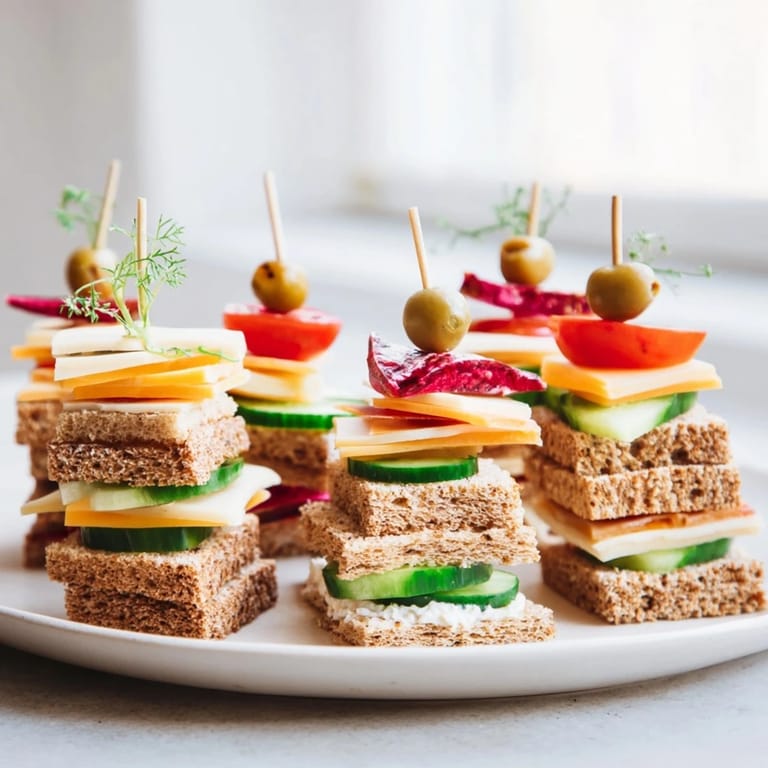 Freshly assembled Urban Skyscraper Appetizers, offering a delicious array of flavorful, layered bites.