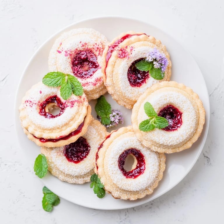 A beautiful close-up of the sweet raspberry wreath cookies on a festive holiday platter.