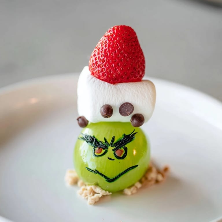 Easy to assemble Grinch Snack: green grapes form the Grinch's face, topped with a sweet hat!