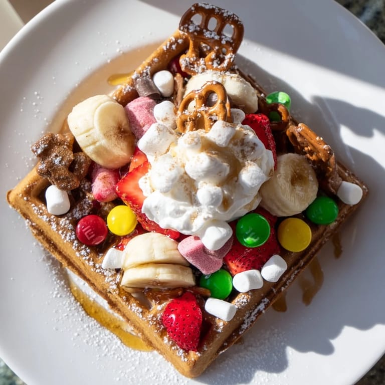 A delightful gingerbread house waffle bar: freshly-made waffles with colorful toppings ready to be built.