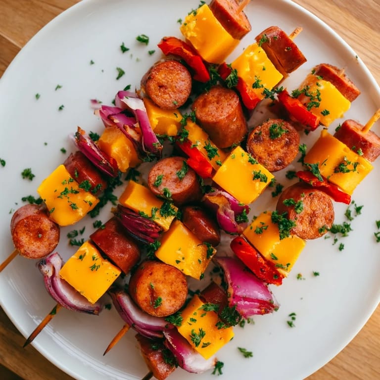 Close-up of delicious chimney stack sausage and cheese skewers, a gluten-free appetizer ready to eat.