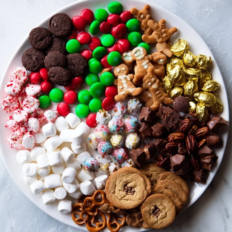 Vivid image of a vibrant Santas Sack Candy Avalanche, a dessert board perfect for a party this holiday season.