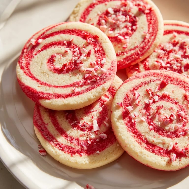 Sweet, swirled Candy Cane Cookie Platter arranged on a holiday platter with crushed peppermint sprinkles.