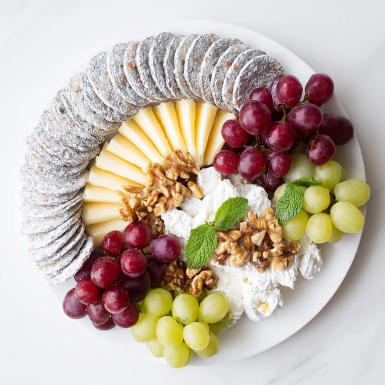 Enjoy a delicious Sparkling Grape and Silver Cracker Platter: a festive appetizer with colorful grapes, creamy cheese, and shimmering crackers.