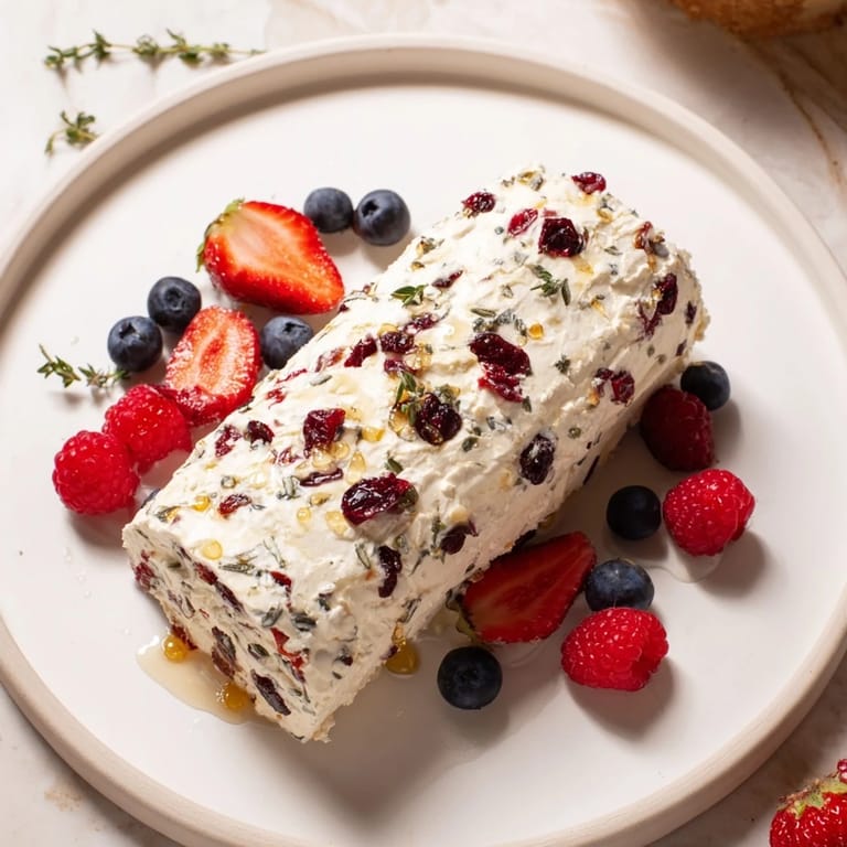 Close-up of a festive Cranberry & Goat Cheese Log, ready to be spread on crackers with an assortment of berries.