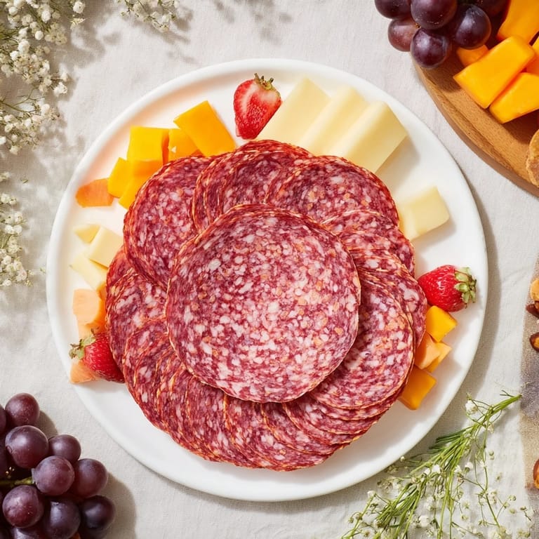 Single bloom Easy Charcuterie board in preparation showing the beautifully arranged salami rose with Brie.