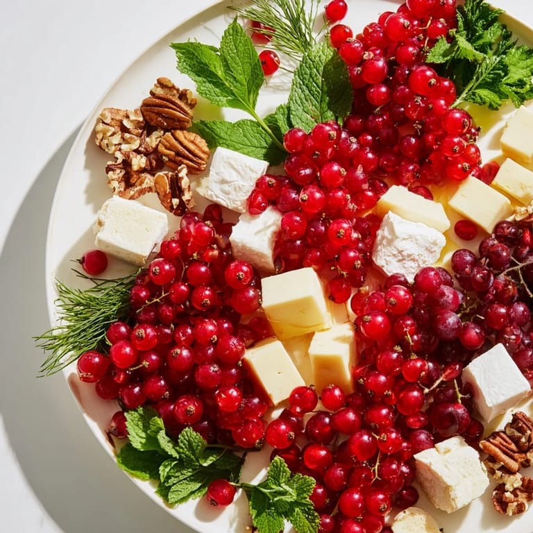 A beautifully arranged Holly Berry Cluster featuring festive red berries, goat cheese, and fresh green parsley and mint.