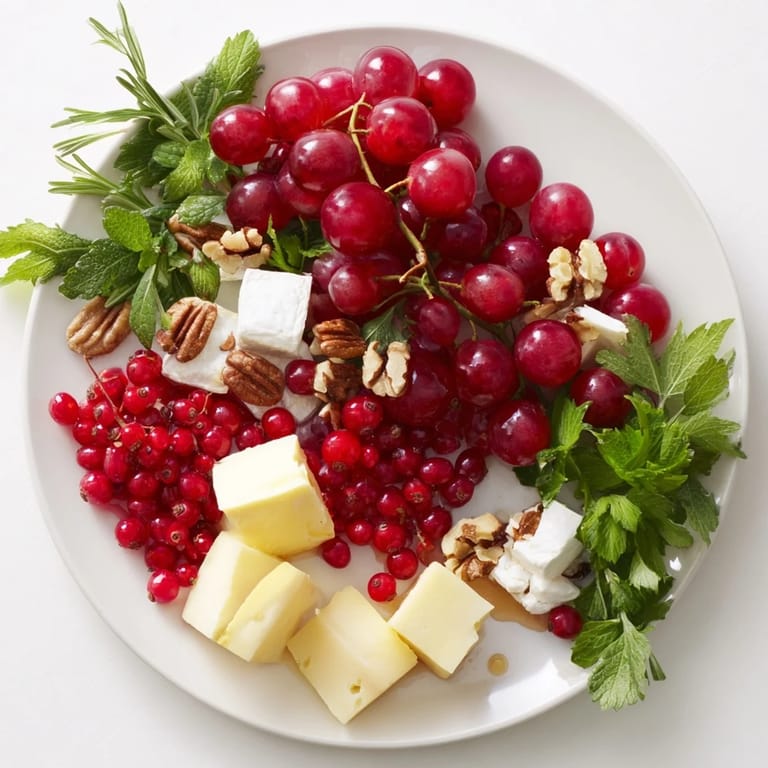 Appetizing close-up of a The Holly Berry Cluster platter with bright red berries, nuts, and drizzled honey.