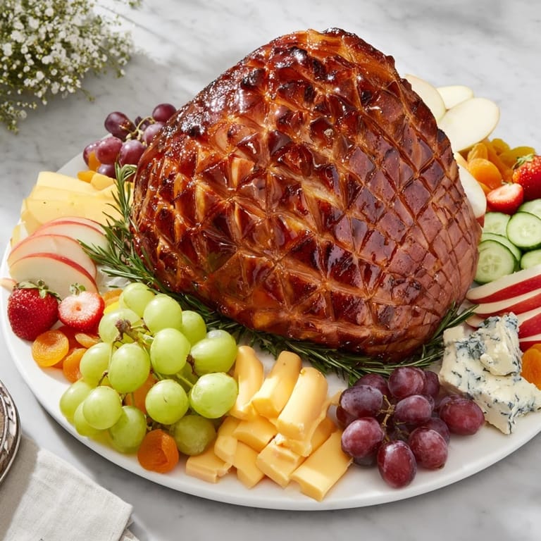 A vibrant board with a glistening glazed ham centerpiece, surrounded by colorful fruits and cheeses.