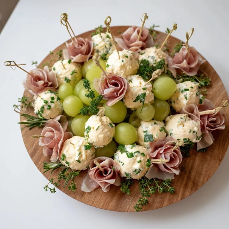 A festive holiday Mistletoe Kissing Ball appetizer displays creamy cheese, green grapes intertwined with prosciutto.
